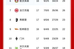 半程不败!德甲积分榜:拜仁11分优势领跑,积分平队史纪录
