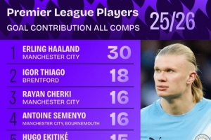 本赛季英超球员参与进球榜：哈兰德30球居首，伊戈尔18球次席