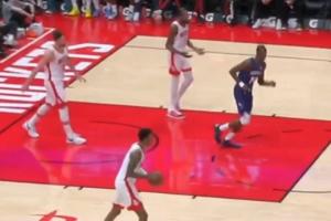 申京被克尼佩尔一步过轻松上篮！杜兰特摊手大喊：你防一下啊