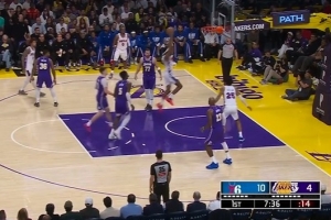 这都啥防守！埃奇库姆借掩护突破轻松双手飞扣 湖人全员目送